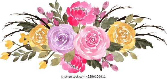 Colorful rose flower bouquet with watercolor for background, fabric, textile, fashion, wallpaper, wedding, banner, sticker, decoration etc.

