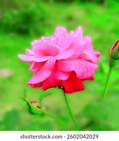 A colorful rose in full bloom displays a stunning blend of vibrant hues, with petals transitioning from deep reds and pinks to soft oranges, yellows, and even hints of purple.