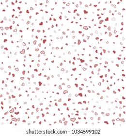 Colorful rose hearts confetti on white background. Scattered hearts pattern.   Vector illustration for print, textile, paper.