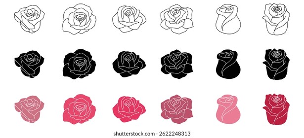 Ícone de rosa colorido definido em arte de linha, silhueta e estilo de gradiente para design gráfico e de marca

