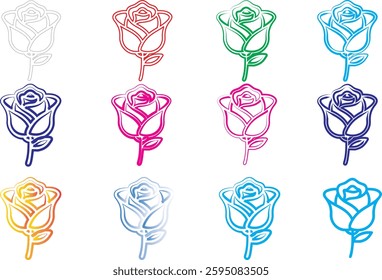 Colorful rose icons, minimalist floral designs, simple line drawings, vibrant hues, geometric flower shapes, stylized rose outlines, multi-colored vector graphics, flat design rose illustrations, digi