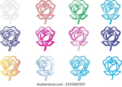 Colorful rose icons, minimalist floral designs, simple line drawings, vibrant hues, geometric flower shapes, stylized rose outlines, multi-colored vector graphics, flat design rose illustrations, digi