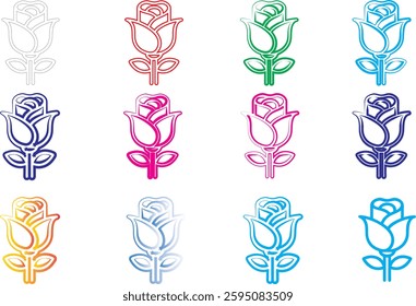 Colorful rose icons, minimalist floral designs, simple line drawings, vibrant hues, geometric flower shapes, stylized rose outlines, multi-colored vector graphics, flat design rose illustrations, digi