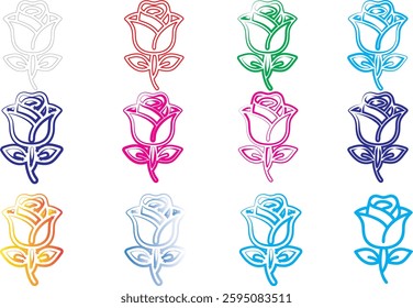 Colorful rose icons, minimalist floral designs, simple line drawings, vibrant hues, geometric flower shapes, stylized rose outlines, multi-colored vector graphics, flat design rose illustrations, digi