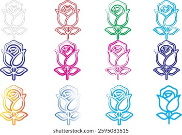 Colorful rose icons, minimalist floral designs, simple line drawings, vibrant hues, geometric flower shapes, stylized rose outlines, multi-colored vector graphics, flat design rose illustrations, digi