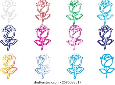 Colorful rose icons, minimalist floral designs, simple line drawings, vibrant hues, geometric flower shapes, stylized rose outlines, multi-colored vector graphics, flat design rose illustrations, digi