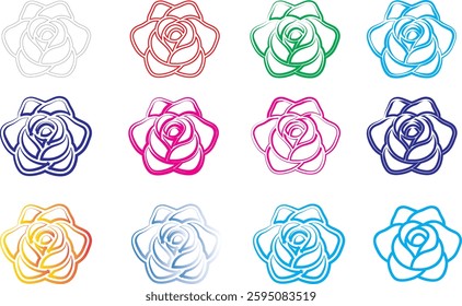 Colorful rose icons, minimalist floral designs, simple line drawings, vibrant hues, geometric flower shapes, stylized rose outlines, multi-colored vector graphics, flat design rose illustrations, digi