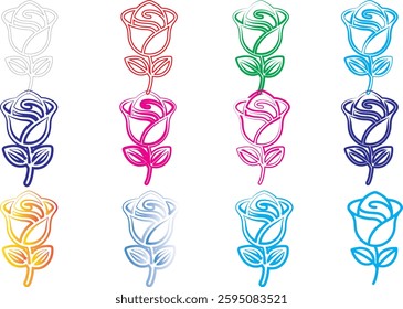 Colorful rose icons, minimalist floral designs, simple line drawings, vibrant hues, geometric flower shapes, stylized rose outlines, multi-colored vector graphics, flat design rose illustrations, digi