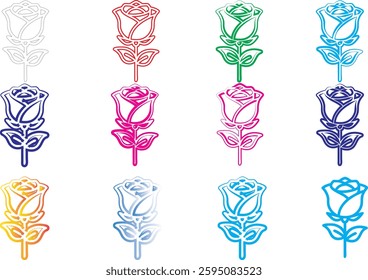 Colorful rose icons, minimalist floral designs, simple line drawings, vibrant hues, geometric flower shapes, stylized rose outlines, multi-colored vector graphics, flat design rose illustrations, digi