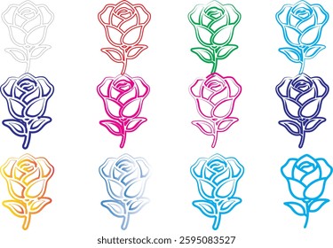 Colorful rose icons, minimalist floral designs, simple line drawings, vibrant hues, geometric flower shapes, stylized rose outlines, multi-colored vector graphics, flat design rose illustrations, digi