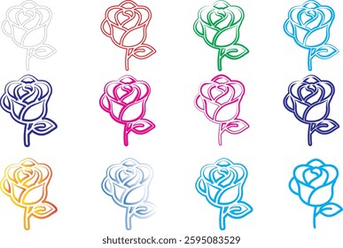 Colorful rose icons, minimalist floral designs, simple line drawings, vibrant hues, geometric flower shapes, stylized rose outlines, multi-colored vector graphics, flat design rose illustrations, digi