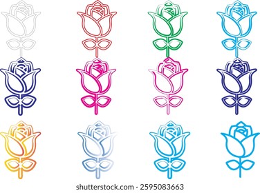 Colorful rose icons, minimalist floral designs, simple line drawings, vibrant hues, geometric flower shapes, stylized rose outlines, multi-colored vector graphics, flat design rose illustrations, digi