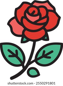 Colorful Rose Illustration, a stylized illustration of a rose. The rose has red petals with some pink highlights, and it is outlined in black. The stem is black, and the leaves are bright green with b