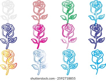 Colorful rose illustrations, simple line drawings, multicolored flowers, graphic design elements, minimalist floral art, stylized roses, vector-style botanical sketches, repeating flower pattern, vibr