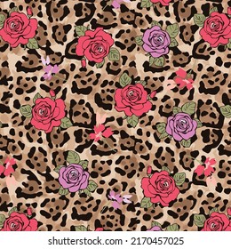 Colorful roses and flowers pattern design with leopard print