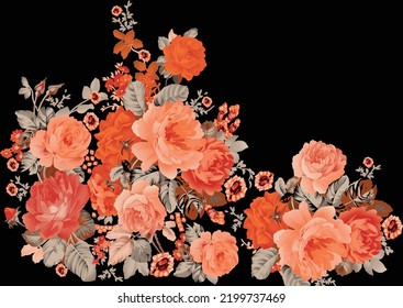 Colorful roses are isolated on black background . Colorful rosebush. Flowers and butterflies seamless background pattern.