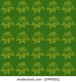 Colorful roses pattern, vector. Rose illustration isolated on green background. Flower roses pattern illustration, vector. Roses silhouette, flower floral design, retro vintage flower pattern.