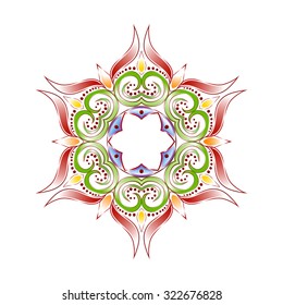 Colorful rosette, abstract pattern, element for design in traditional Indian style on white background.