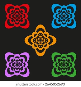 Colorful rosette icons. Decorative flower symbols. Vector ornamental designs. Bright pattern elements.