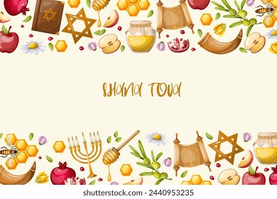 Colorful Rosh Hashanah holiday background. Vector illustration, hand drawn drawing