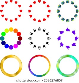 Colorful rotating ring set, consisting of heart, gift box, colored circle, padlock, thumb, gold circle and gradient color circle. Illustration suitable for various purposes elements