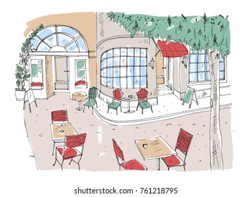 Colorful rough drawing of outdoor cafe, restaurant or coffeehouse with tables and chairs standing on city street beside beautiful building with large panoramic windows. Hand drawn vector illustration.