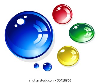Colorful round, 3D water drops are on a white isolated background. Colors are blue, red, green and yellow.