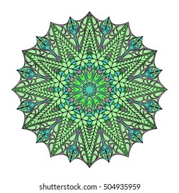 Colorful round abstract pattern. Floral ethnic mandala with green and blue ornament for textile, sportswear, umbrellas