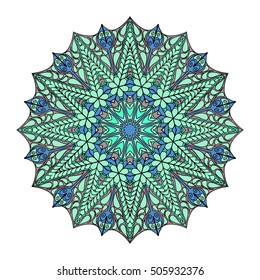 Colorful round abstract pattern. Floral ethnic mandala. Green and blue ornament for textile, sportswear, umbrellas