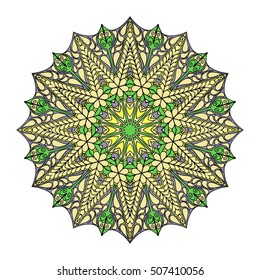 Colorful round abstract pattern. Floral ethnic mandala in yellow and green colors for textile, sportswear, umbrellas