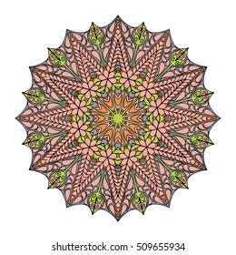 Colorful round abstract pattern. Floral ethnic mandala in orange and green colors for textile, sportswear, umbrellas