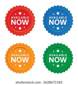 Colorful round badges with available now text for promotion, sale and product announcement use	
