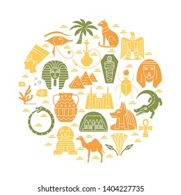 Colorful round banner with Egypt icons in flat style. Eagle national symbol, pharaoh head, Sphinx and pyramids. Vector illustration.