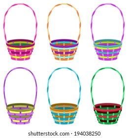 Colorful round baskets with handle on white background