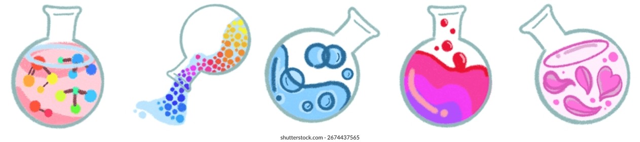 Frasco de fondo redondo colorido con ilustración líquida del experimento de la Ciencia