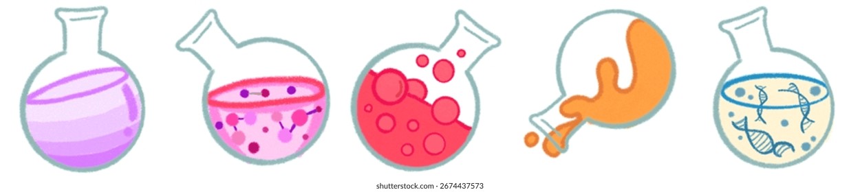 Frasco de fondo redondo colorido con ilustración líquida del experimento de la Ciencia