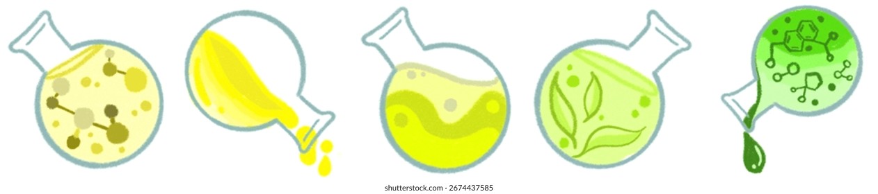 Frasco de fondo redondo colorido con ilustración líquida del experimento de la Ciencia