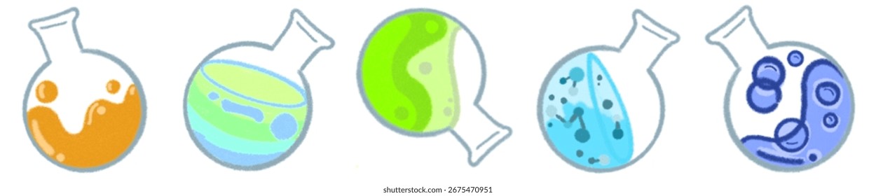 Frasco de fundo redondo colorido com a ilustração líquida do experimento científico