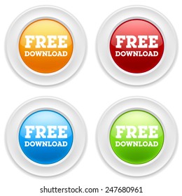 Colorful round buttons with free download sign on white background