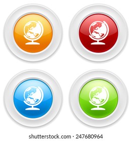 Colorful round buttons with globe icon on white background