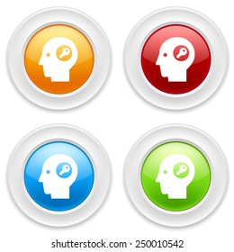 Colorful round buttons with head and key icon on white background