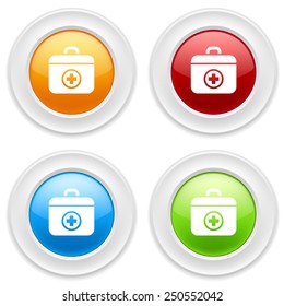 Colorful round buttons with medical case icon on white background