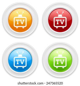Colorful round buttons with television icon and metallic border