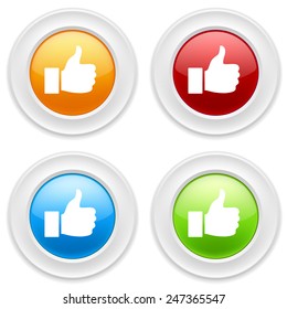 Colorful round buttons with thumb icon on white background