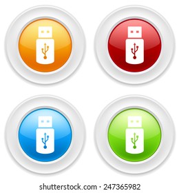 Colorful Round Buttons With Usb Stick Icon On White Background