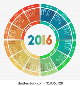 Colorful round calendar 2016. Week starts on Monday