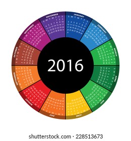 Colorful round calendar for 2016 year. Vector EPS10.