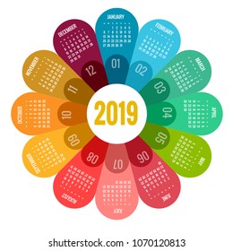 Colorful round calendar 2019 design, Print Template, Your Logo and Text. Week Starts Sunday. Portrait Orientation. 2019 Calendar of 12 Months.