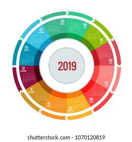 Colorful round calendar 2019 design, Print Template, Your Logo and Text. Week Starts Sunday. Portrait Orientation. 2019 Calendar of 12 Months.