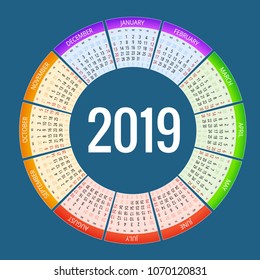 Colorful round calendar 2019 design, Print Template, Your Logo and Text. Week Starts Sunday. Portrait Orientation. 2019 Calendar of 12 Months.